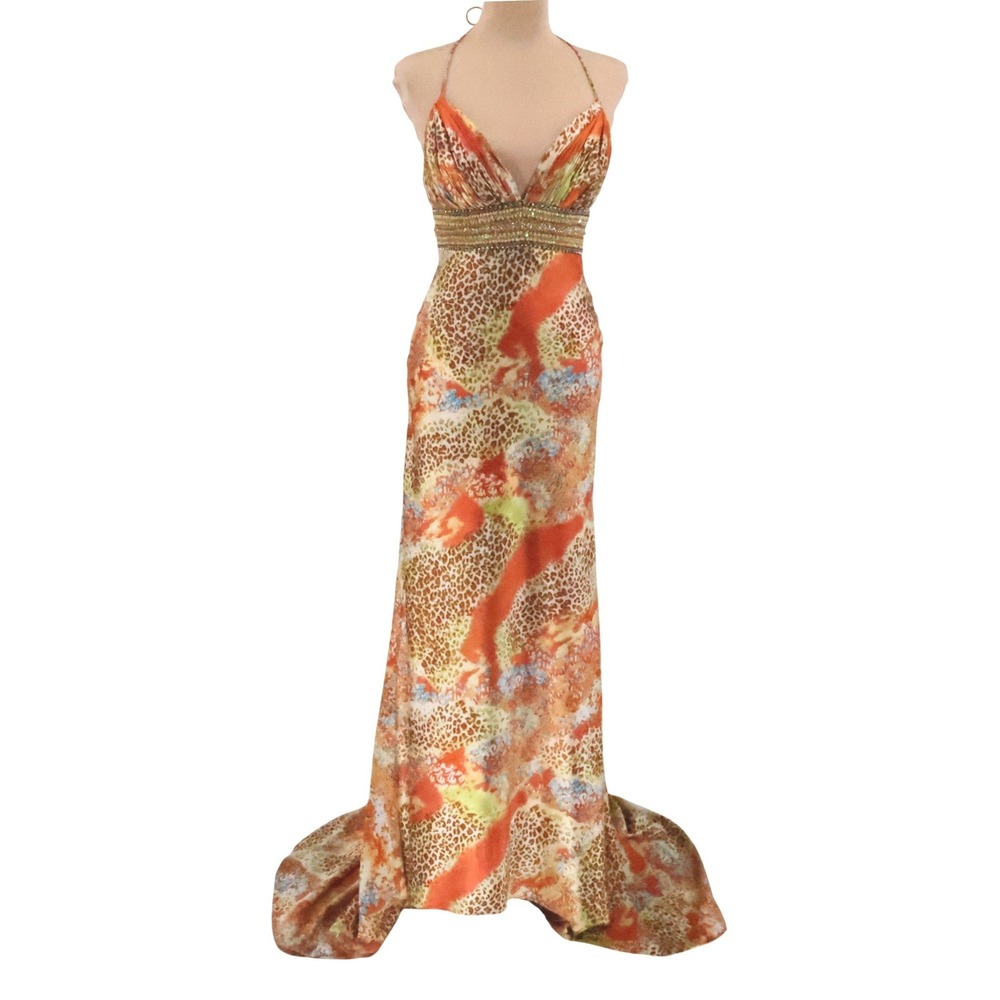 Jovani Animal Print Beaded Gown Train Womens Size 2 Orange Y2K Formal Prom